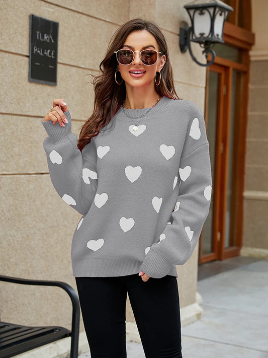 2024 Winter New Love Pullover Round Neck Long Sleeve Knitted Women's Loose Casual Sweater