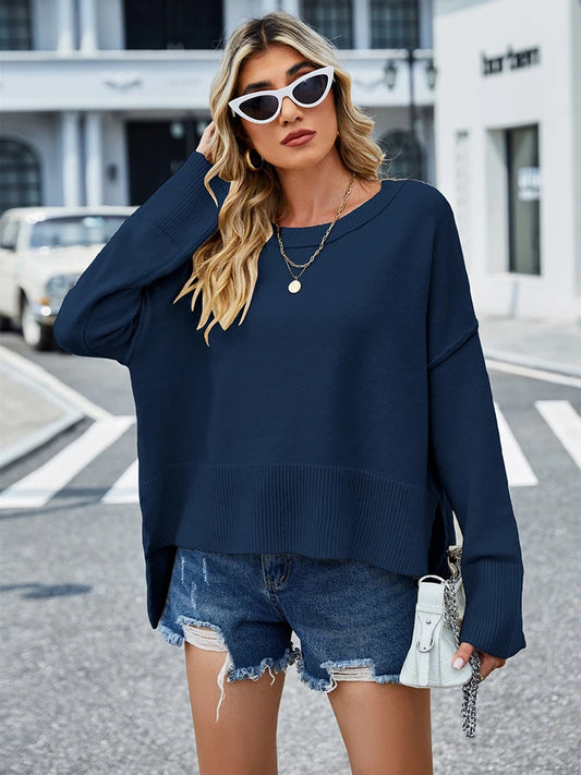 2024 Winter New Round Neck Women's Christmas Bell Sleeve Solid Color Casual Pullover Sweater