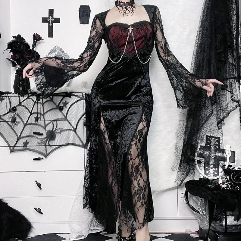 Red Lace Slim Slit Maxi Dress Black / S