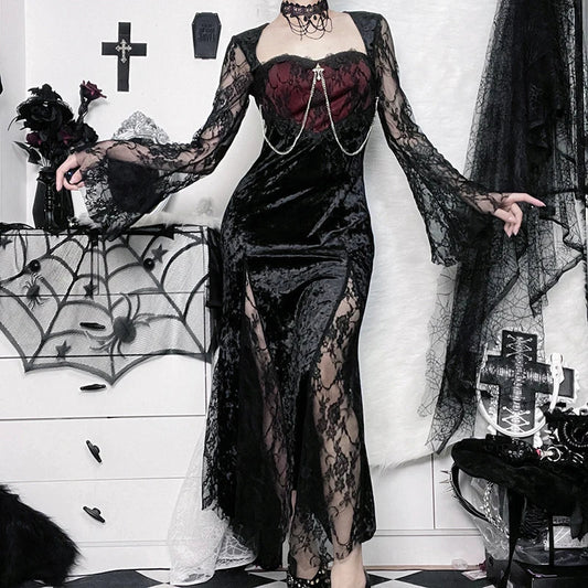 Red Lace Slim Slit Maxi Dress Black / S
