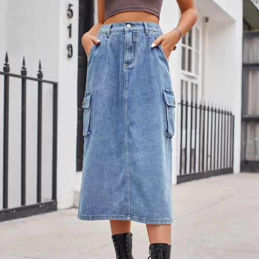 2024 Straight Long Denim High Waist Button Pockets Split Retro Maxi Skirt