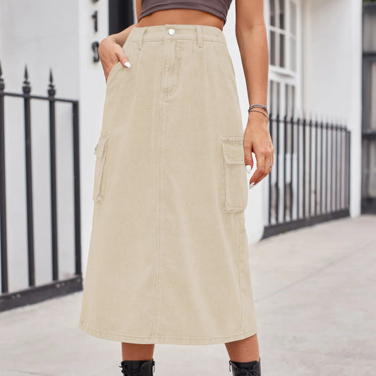 2024 Straight Long Denim High Waist Button Pockets Split Retro Maxi Skirt