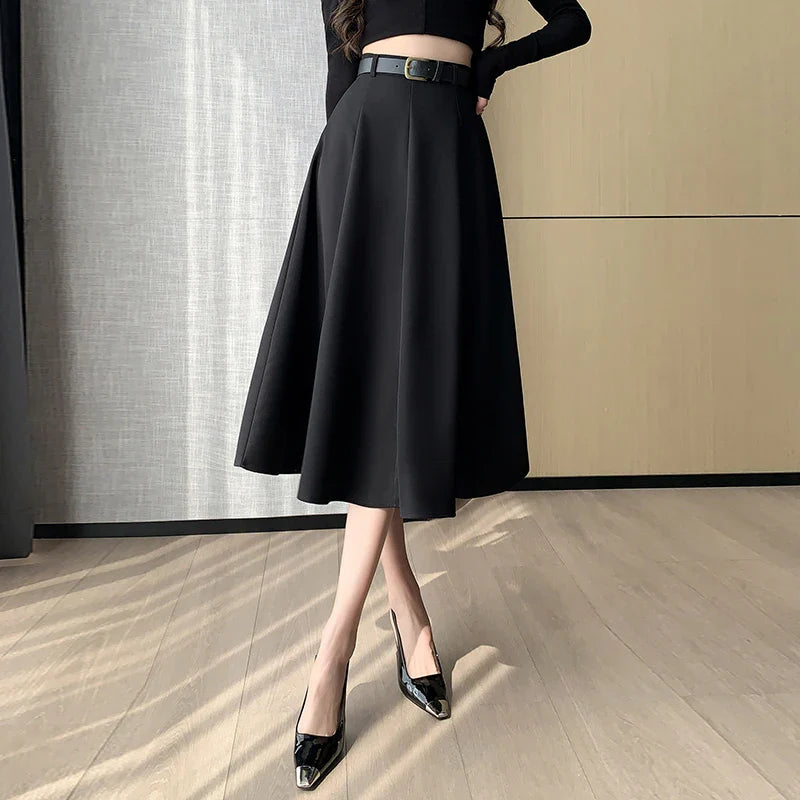 FashionSierra - 2024 New Spring Summer Women Midi Ladies High Waist A-line Umbrella Black Fashion Casual Woman Suit Skirt