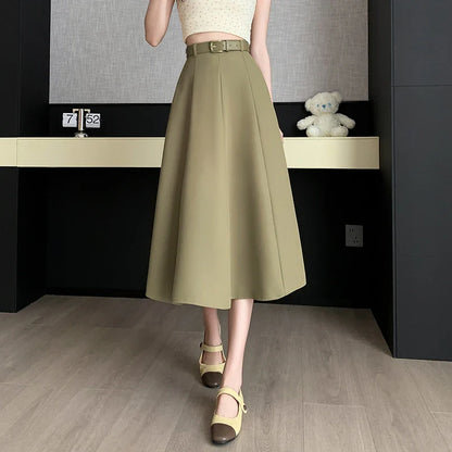 FashionSierra - 2024 New Spring Summer Women Midi Ladies High Waist A-line Umbrella Black Fashion Casual Woman Suit Skirt