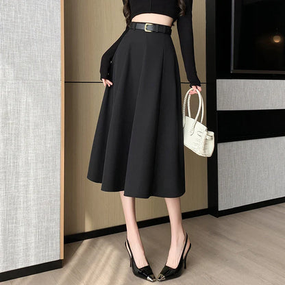 FashionSierra - 2024 New Spring Summer Women Midi Ladies High Waist A-line Umbrella Black Fashion Casual Woman Suit Skirt