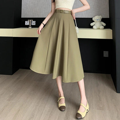 FashionSierra - 2024 New Spring Summer Women Midi Ladies High Waist A-line Umbrella Black Fashion Casual Woman Suit Skirt