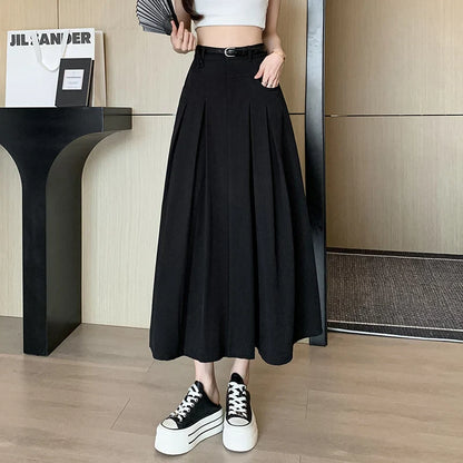 FashionSierra - 2024 New Spring Summer Women Pleated Long Fashion High Waist A-line Umbrella Ladies Casual Suit Skirt