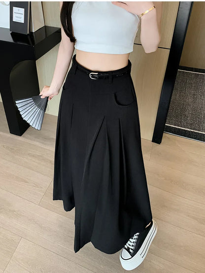 FashionSierra - 2024 New Spring Summer Women Pleated Long Fashion High Waist A-line Umbrella Ladies Casual Suit Skirt