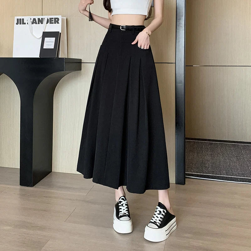 FashionSierra - 2024 New Spring Summer Women Pleated Long Fashion High Waist A-line Umbrella Ladies Casual Suit Skirt