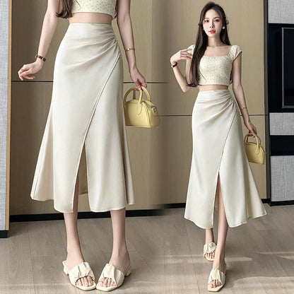 FashionSierra - 2024 New Spring Summer Women Satin Midi Ladies Fashion Folds High Waist Slit Long Ladies Mermaid Skirt