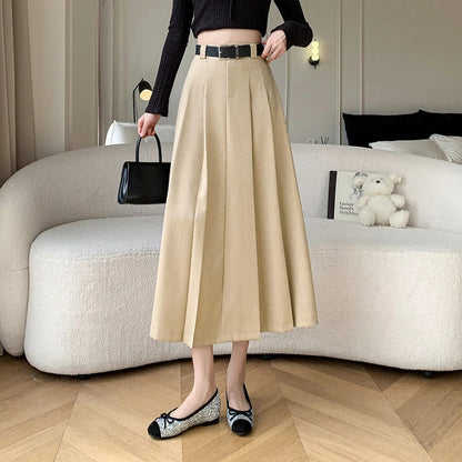 2024 New Spring Summer Women Fashion High Waist Pleated Long Korean Office Lady Casual Suit With Belt Skirt