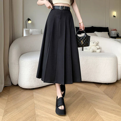 2024 New Spring Summer Women Fashion High Waist Pleated Long Korean Office Lady Casual Suit With Belt Skirt