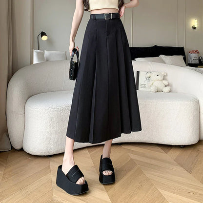 2024 New Spring Summer Women Fashion High Waist Pleated Long Korean Office Lady Casual Suit With Belt Skirt