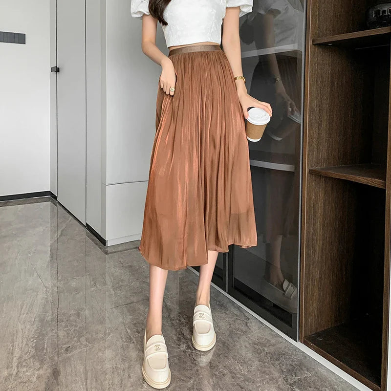 FashionSierra - 2024 New Spring Summer Women Tulle Solid Color Elastic High Waist Pleated Ladies Temperament Skirt