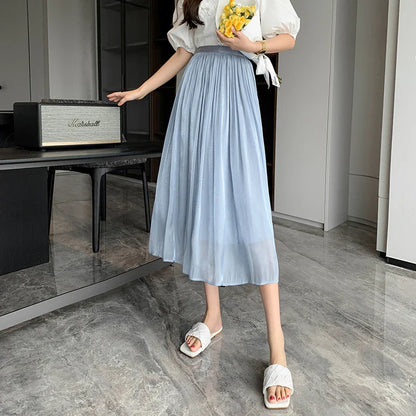 FashionSierra - 2024 New Spring Summer Women Tulle Solid Color Elastic High Waist Pleated Ladies Temperament Skirt