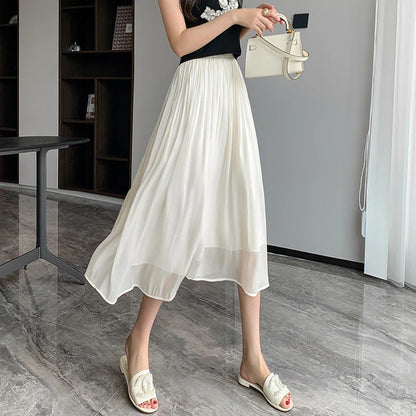 FashionSierra - 2024 New Spring Summer Women Tulle Solid Color Elastic High Waist Pleated Ladies Temperament Skirt