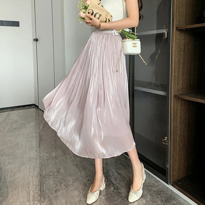 FashionSierra - 2024 New Spring Summer Women Tulle Solid Color Elastic High Waist Pleated Ladies Temperament Skirt