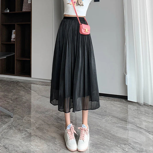 FashionSierra - 2024 New Spring Summer Women Tulle Solid Color Elastic High Waist Pleated Ladies Temperament Skirt