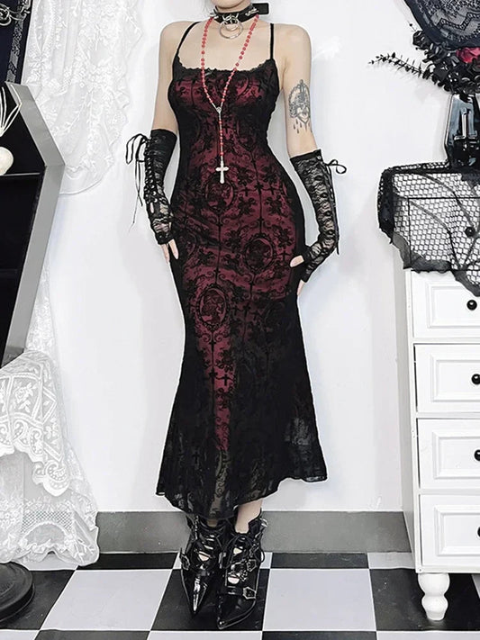 Antique Cross Design Spaghetti Midi Dress Red / XS