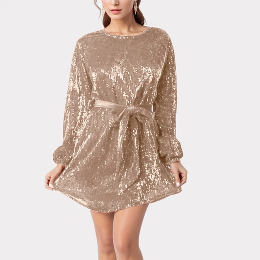 FashionSierra - Slim Waist Mini Sequins Round Neck Fashion Temperament Elegant Lace-Up Party Dress