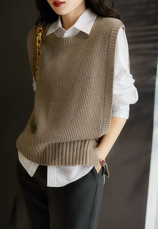 2024 Spring And Autumn New Round Neck Solid Color Side Button Anti-Pilling Women's Slim Vest Sweater