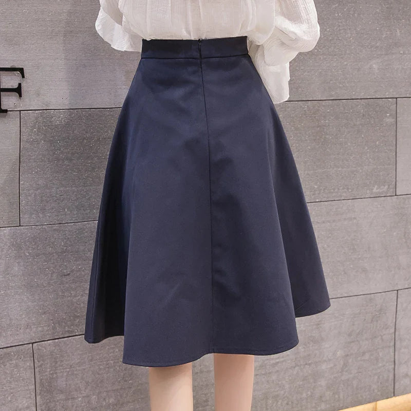 FashionSierra - 2024 Spring New Women Midi Single-breasted A-Line High Waist Ladies Summer Vintage Casual Umbrella Skirt