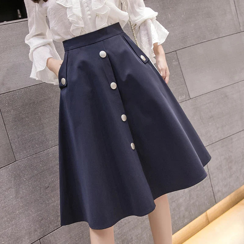 FashionSierra - 2024 Spring New Women Midi Single-breasted A-Line High Waist Ladies Summer Vintage Casual Umbrella Skirt