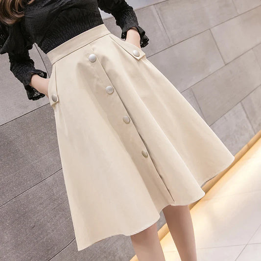 FashionSierra - 2024 Spring New Women Midi Single-breasted A-Line High Waist Ladies Summer Vintage Casual Umbrella Skirt