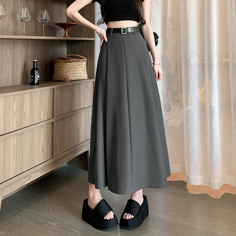 FashionSierra - 2024 Spring Summer New High Waist A-line Pleated Long Korean Office Lady Fashion Midi Woman Casual Suit Skirt