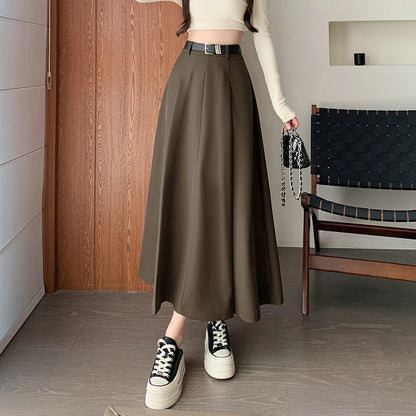 FashionSierra - 2024 Spring Summer New High Waist A-line Pleated Long Korean Office Lady Fashion Midi Woman Casual Suit Skirt