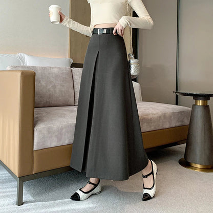 FashionSierra - 2024 Spring Summer New Women Long Fashion High Waist A-line Pleated Korean Ladies Casual Suit Skirt