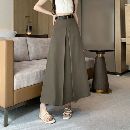 FashionSierra - 2024 Spring Summer New Women Long Fashion High Waist A-line Pleated Korean Ladies Casual Suit Skirt