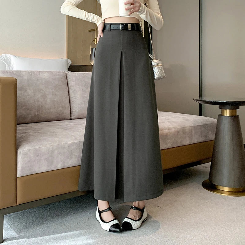 FashionSierra - 2024 Spring Summer New Women Long Fashion High Waist A-line Pleated Korean Ladies Casual Suit Skirt