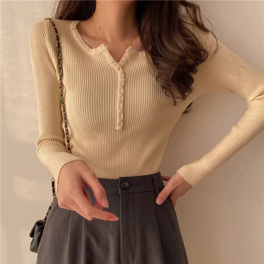 FashionSierra Basic Primer Button Chic Soft Slim Knitted Autumn Women's 2024 Sweater