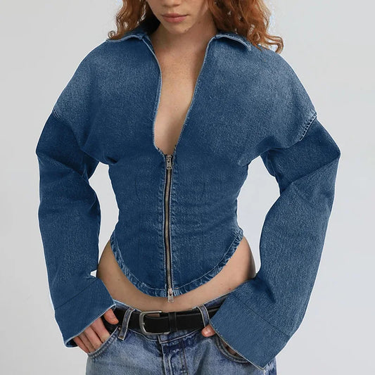 Stylish Deep V Eck Chic Zipper Corset Denim Jacket