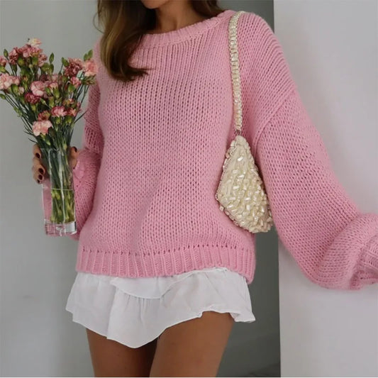 2024 Women O New Long Sleeves Loose Knit Pullover Casual Female Chic Sweater