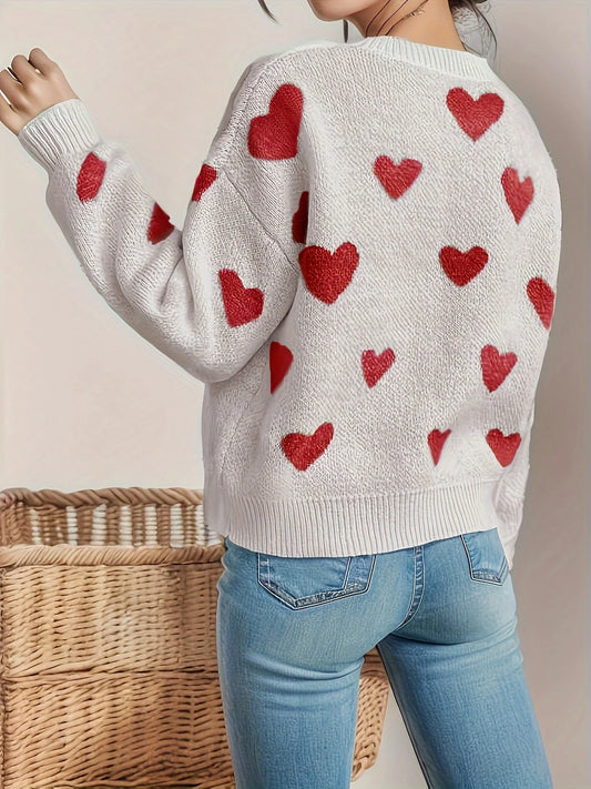 Versatile Dropped-Sleeve Casual Heart Pattern Sweater