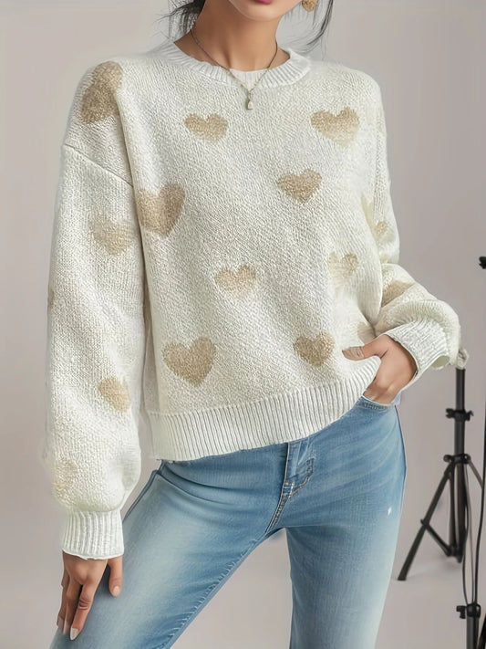 Versatile Dropped-Sleeve Casual Heart Pattern Sweater