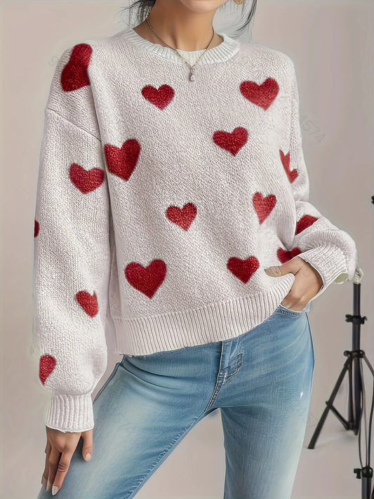 Versatile Dropped-Sleeve Casual Heart Pattern Sweater