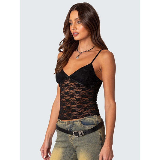 FashionSierra - 2024 Floral Lace Camis Summer Backless Spaghetti Strap Tank Sleeveless Mini Vest for Streetwear Clubwear Crop Tops