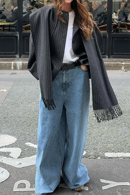Striped Scarf Collar Tassel Loose Wool Coat