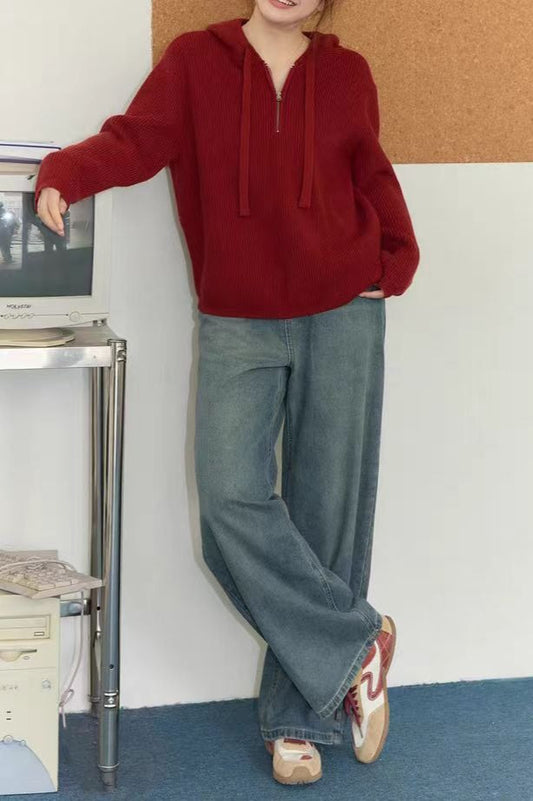 Drawstring Hooded Knit Sweater