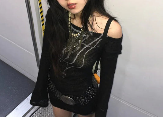 Tattoo Print Knit Top Black / S