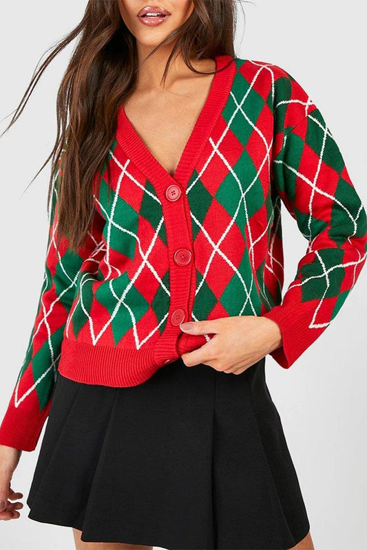 Vintage Argyle V Neck Button Christmas Cardigan