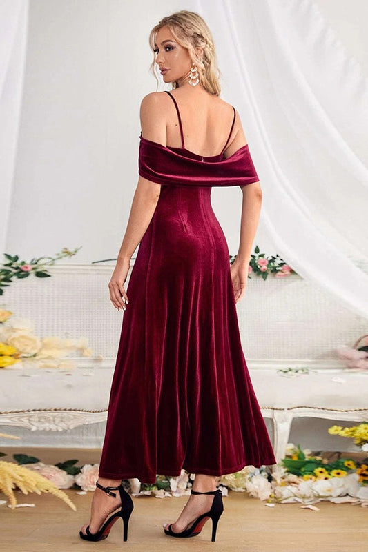 Velvet Off Shoulder Sling Split Maxi Evening Velvet Dress