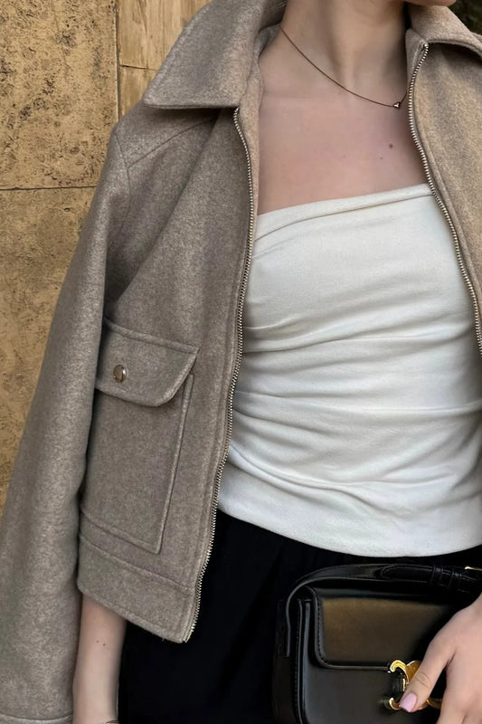 Zipper Pocket Lapel Short Jacket