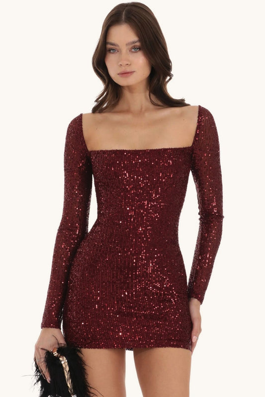 Elegant Long Sleeve Solid Slim Sequin Dress