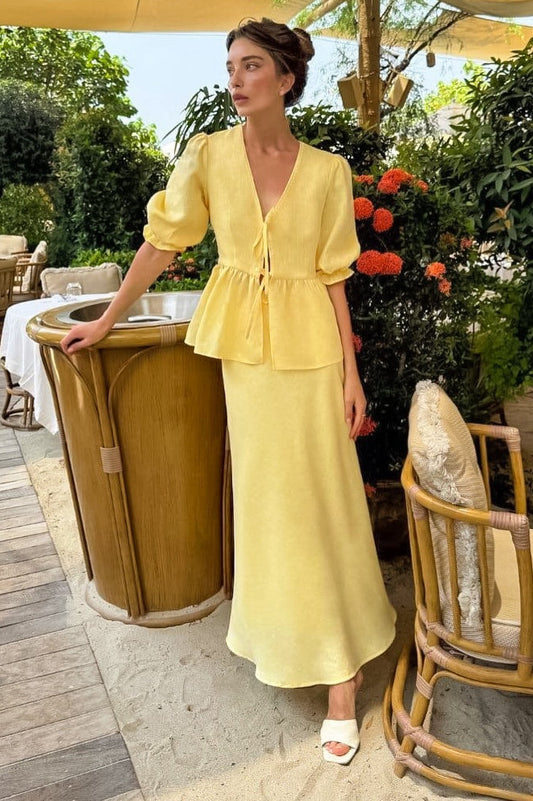 Resort Casual Cotton Linen Puff Sleeve Two Piece Skirt Set
