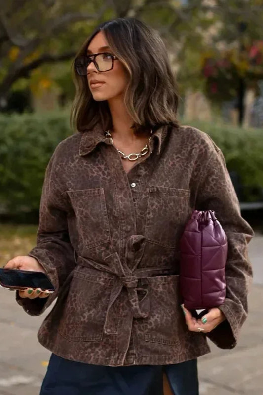 Leopard Lapel Belted Jacket