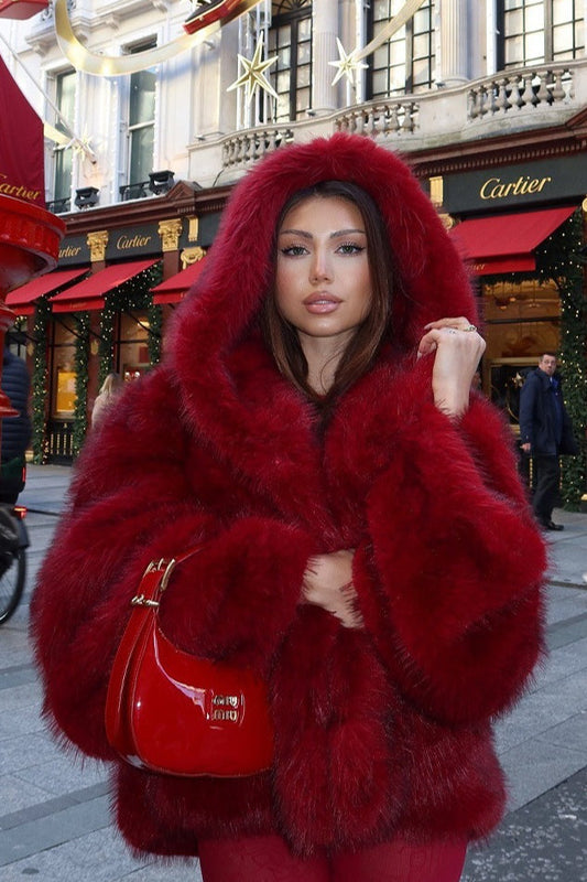 Angora Red Faux Fox Fur Cropped Hooded Coat Red / XS